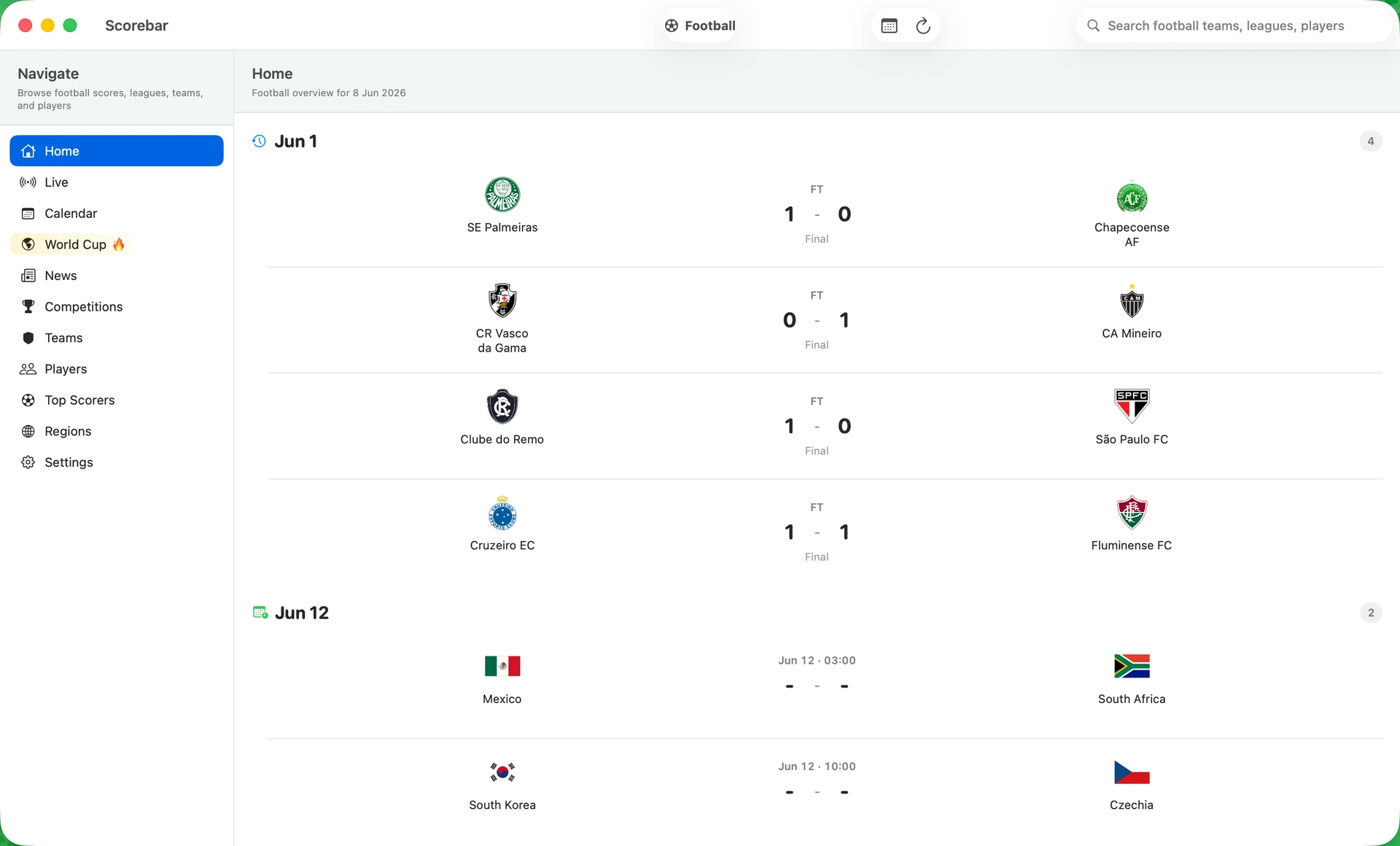 Scorebar macOS main window showing football fixtures, sidebar navigation, and match scores