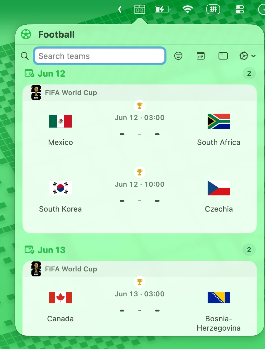 Scorebar macOS menu bar popover with football fixtures